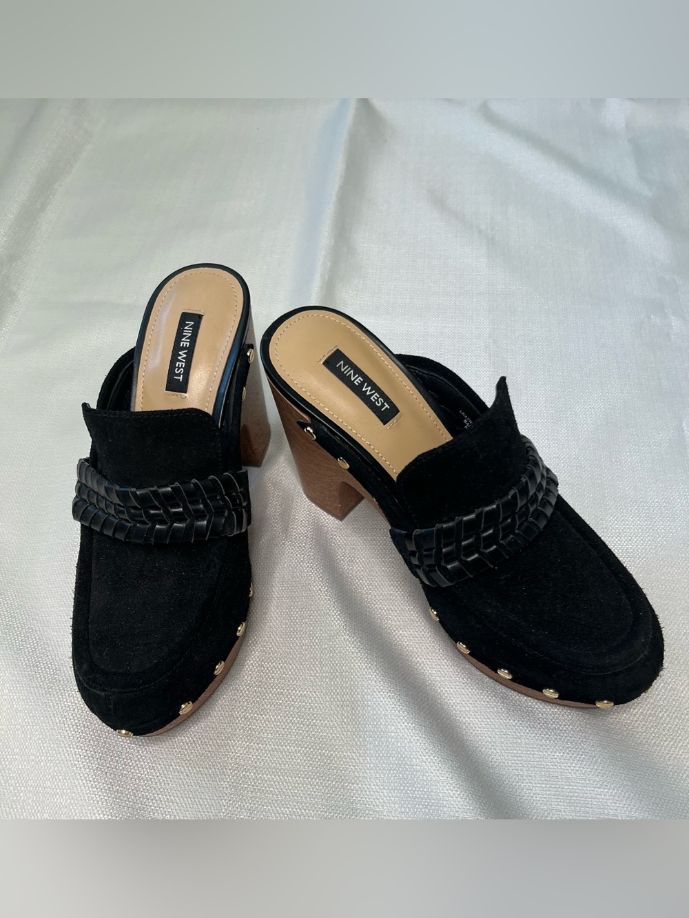Nine West Black Suede Woven Clog Mules Chunky Block Heel Boho Chic 70s Western